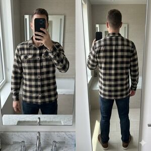 Patagonia Flannel Shirt Mens L Black Tan Cream Plaid Organic Cotton Fjord LS‎